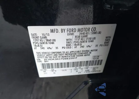 2013 Ford Edge Limited z USA, uszkodzony, nr VIN 2FMDK3KC7DBE23517